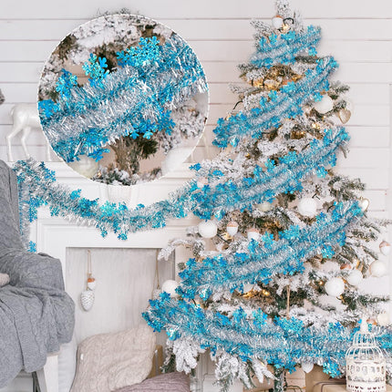 AnyDesign 32.8Ft Christmas Tinsel Garland Blue Sliver Metallic Twist Garland with Snowflakes Christmas Party Decorative Garland for Xmas Tree Classroom Office Christmas Party Decor DIY Craft