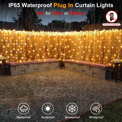 200 LED Curtain Lights, 13×3.3ft Plug in 8 Modes Window Hanging Fairy String Lights for Outside Bedroom Party Indoor Outdoor Wedding Reception Decorations Wall Halloween Christmas, Warm White