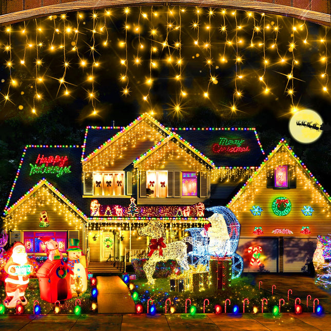 Hezbjiti Christmas Lights Decorations Outdoor, 800 LED 65.6 FT 8 Modes 150 Drops Fairy String Curtain Lights for Christmas Decor Eaves Window Party Yard Garden Indoor (Warm White)