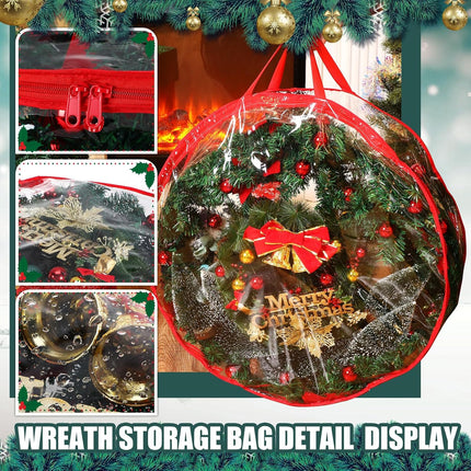Zhengmy 4 Pack 30" 24" Wreath Storage Container Clear Christmas Wreath Storage Bags with Handle and Dual Zipper Plastic Decorative Wreath Protector for Xmas Seasonal Holiday Wreath Garland(Red)