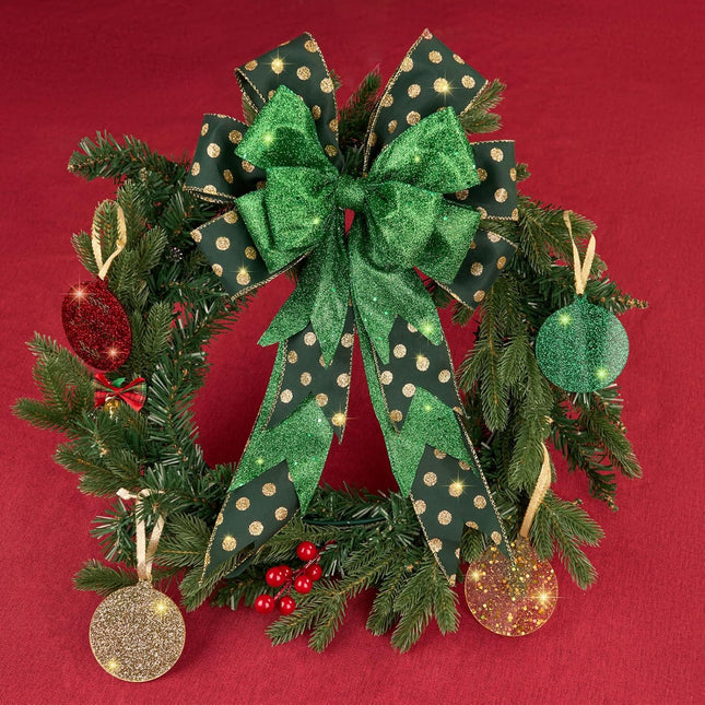 4 Rolls 32 yd Red Green Glitter Christmas Wired Ribbon Set, 2.5 inch x 8yd Polka Dot Satin Burlap Ribbon for Xmas Tree Décor, Wrap Box, Bow, Wreath, Garland, Floral DIY Craft