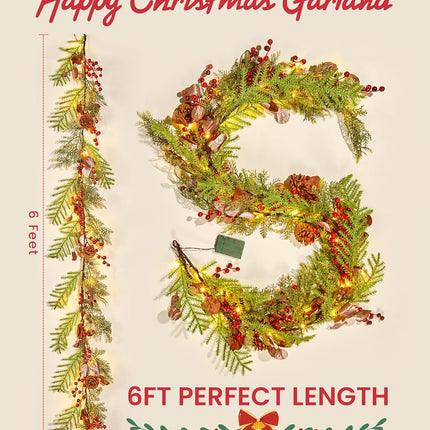 Brightown Christmas Garland with Lights, Battery Operated, 6 Ft 20 LED Lighted Pine Leaves Garland Decorated with Pine Cones, Berry, Eucalyptus Leaves, Indoor Christmas Lights for Mantle Stairs Wall