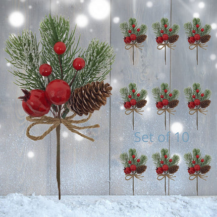 BANBERRY DESIGNS Christmas Decorating Picks - Set of 10 - Snow Flocked Pine Greenery with Pinecone & Red Berries - Xmas Holiday Accents for Wreath, Garland, s