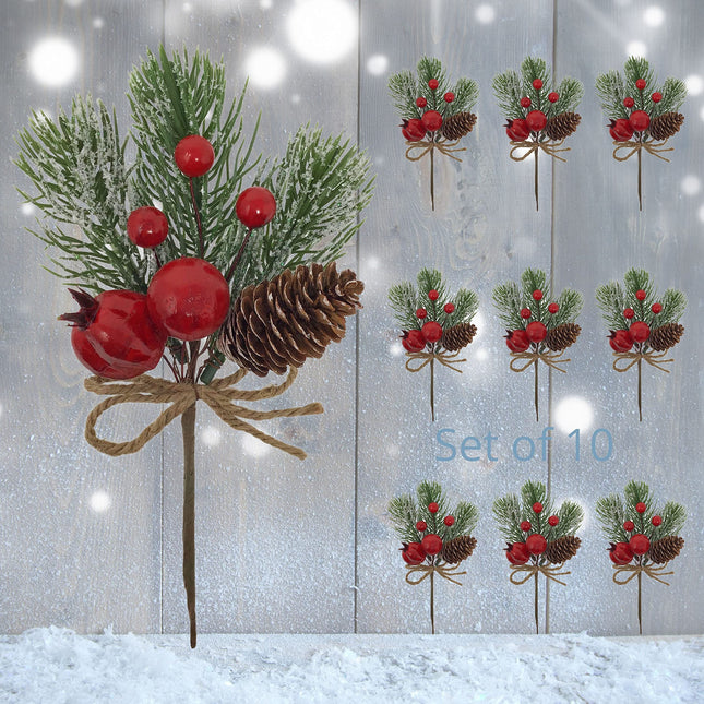 BANBERRY DESIGNS Christmas Decorating Picks - Set of 10 - Snow Flocked Pine Greenery with Pinecone & Red Berries - Xmas Holiday Accents for Wreath, Garland, s