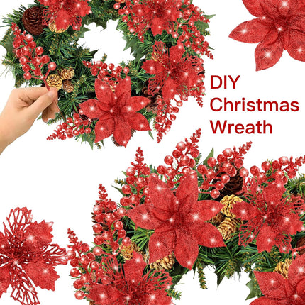 Sggvecsy 24 Pcs 2 Styles Christmas Glitter Poinsettia Flowers Artificial Berry Picks Christmas Tree Ornaments Artificial Christmas Flowers with Clips for Xmas Wedding Wreath Floral Decorations（Red）