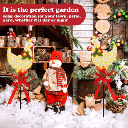 2 Pack Solar Christmas Stake Lights, LED Xmas Chicken Metal Stake Lights with Poinsettia, Cemetery Grave Decorations, Christmas Pathway Lights for Garden Yard Lawn Outside, 32 Inches