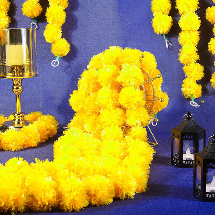 Giegxin 15 Pack Marigold Garland 5 ft Long Strands Day of Dead Faux Marigold Flowers Diwali Decor Artificial Marigold Flowers Indian Decor for Wedding, Christmas, Events(Yellow)