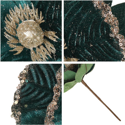 6 Pcs Large Glitter Christmas Flowers 8.3’’ Artificial Magnolia Flower Velvet Fold Christmas Tree Flower Decorations Xmas Tree Year Party Wedding Ornaments (Blackish Green)