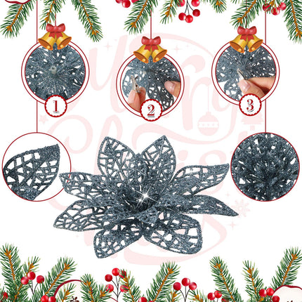 WILLBOND 36 Pieces Christmas Poinsettia Flowers Artificial Ornaments Glitter Christmas Decorations Tree Wedding Year(Dusty Blue)
