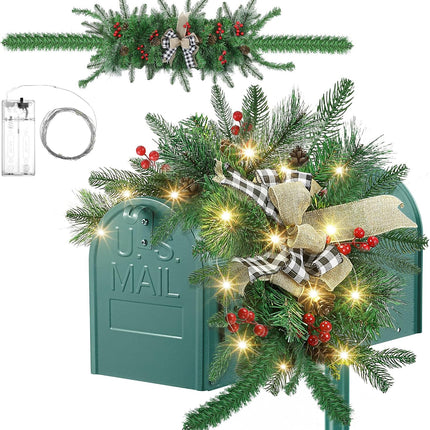 Liliful 55 Inch Christmas Mailbox Swag Accented with Black and White Checkered Bow Lights Berry Clusters Pine Cones, Christmas Lighted Mailbox Swag for Xmas Mailbox Mantelpiece Indoor Outdoor Decor