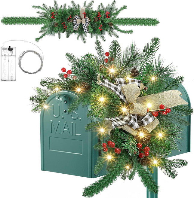 Liliful 55 Inch Christmas Mailbox Swag Accented with Black and White Checkered Bow Lights Berry Clusters Pine Cones, Christmas Lighted Mailbox Swag for Xmas Mailbox Mantelpiece Indoor Outdoor Decor