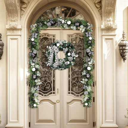 Valery Madelyn 6 feet Pre Lit Christmas Garland for Mantle with Lights, Lighted Xmas Garland with Black White Balls for Front Door Fireplace Table Centerpiece Outdoor Party Decoration Indoor