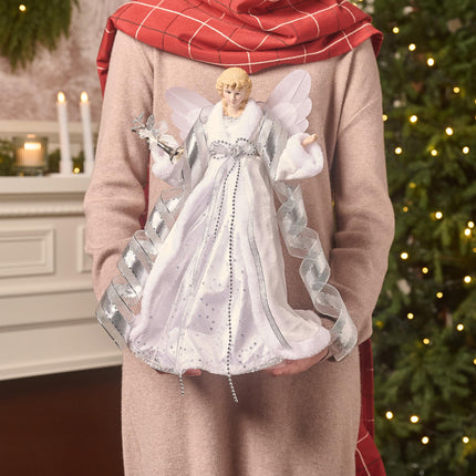 Valery Madelyn Lighted Christmas Tree Topper Angel with Timer, 16 Inch White and Silver Fabric Angel Tree Topper with Lights for Christmas Tree Decoration Indoor, Battery Operated