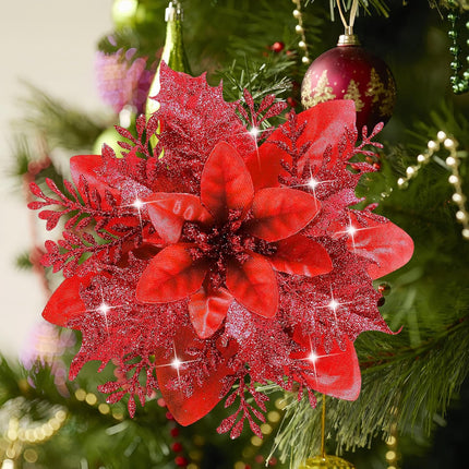 Poinsettias Glitter Artificial Christmas Flowers,20Pcs 5.5" Christmas Tree Decor Christmas Ornaments Glitter Poinsettia with Clips , Christmas Decorations for Xmas Tree Wedding Party Holiday Red