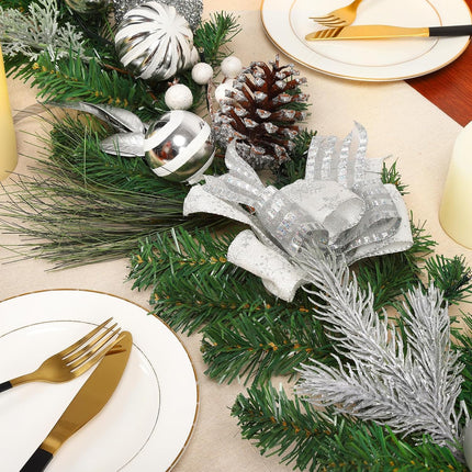 Adeeing 6FT Christmas Garland with Lights, Xmas Battery Operated Artificial Rattan with Classic Silver Decorations, Xmas Garland for Home Indoor Fireplace Mantle Outdoor Decor, Silver