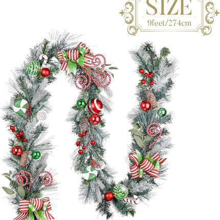 Valery Madelyn 9 feet Pre-Lit Christmas Garland with Lights for Mantle, Lighted Battery Operated Elf Xmas Garland with Red Green White Balls for Front Door Fireplace Table Centerpiece Outdoor Decor