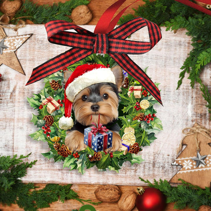Talataca Yorkshire Terrier Wearing A Hat Wreath Yorkie Dog Lover 2D Flat Christmas Tree Wood Ornament Decor Wooden Hanging Decoration House Present Xmas Eve Keepsake Decorative