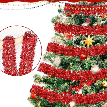 50FT Red Christmas Tinsel Garland, Metallic Twist Shiny Hanging Garland Ornaments for Xmas Tree Party Supplies Thick Thin Metallic Streamers for Indoor Outdoor Decor