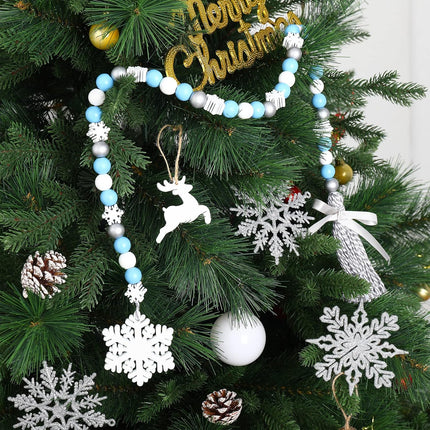 Whaline 2Pcs Winter Wood Bead Garland with Snowflake Tassel Xmas Tree Blue White Silver Snowflake Garland Tiered Tray Decor Rustic Farmhouse Wooden Bead Garland for Winter Home Fireplace Decor