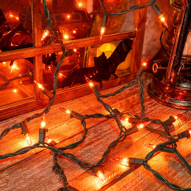 Orange Halloween Tree Lights with Green Wire,13ft 50 Incandescent Bulb Waterproof Fairy Lights，Plug in Mini String Lights for Christmas, Patio, Holiday, Party, Home, Indoor Outdoor Decor