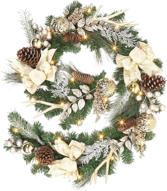 GAOMON Prelit Christmas Garland with 20 Lights, Outdoor Christmas Garland with Gold Christmas Balls Pine Cones Antlers for Fireplace Mantel Porch Indoor Home Holiday Decorations