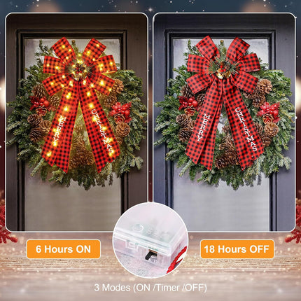 Hiboom 2 Pcs Lighted Large Christmas Bows Decoration, 20 x 12'' Red Black Plaid Burlap Wreath Bow with Berries Hazelnuts Bells Pine Needles Ornament for Christmas Party Front Door Fireplace Wall Decor