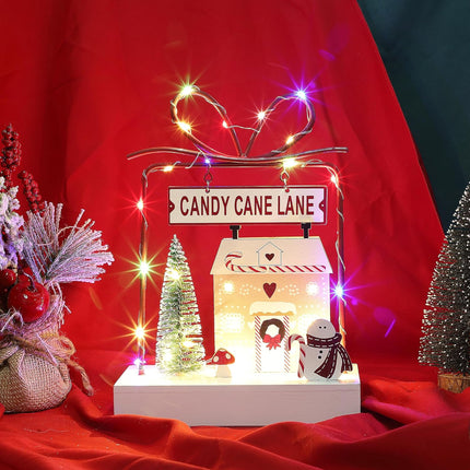 Lulu Home Christmas Tabletop Decoration, Wooden Pre-lit Xmas Candy Cane Lane Ornament with Metal Frame, Battery Operated LED Light Up Holiday Sign for Indoor Mantel Shelf Decor