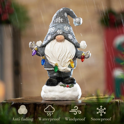 TERESA'S COLLECTIONS Christmas Decorations Garden Gnome with LED Lights, Solar-Powered Outdoor Statue, Festive Silver Decor, Durable Resin Sculpture for Front Porch, Yard, Ideal 8.8"
