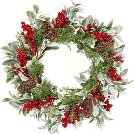 Sggvecsy 19 Inch Artificial Christmas Wreath for Front Door Flocked Lambs Ear Wreath with Red Berries Pine Needles Pinecones Christmas Decorations for Wall Outdoor Home Holiday Xmas Decor