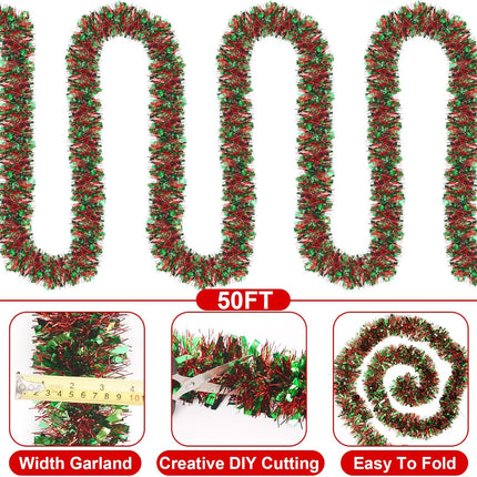 50FT Christmas Tinsel Garland, Green Red Tinsel Garland for Christmas Tree Green Red Tinsel Hanging for Indoor and Outdoor Disco Party Supplies Green Red Christmas Decorations
