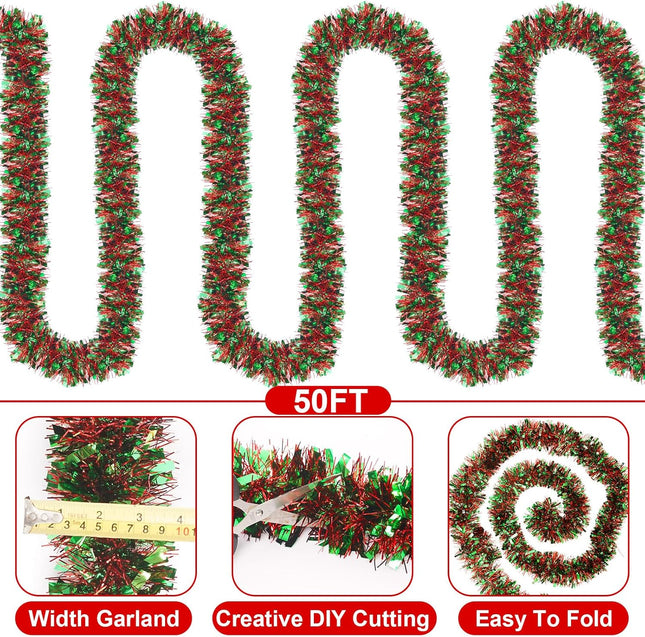 50FT Christmas Tinsel Garland, Green Red Tinsel Garland for Christmas Tree Green Red Tinsel Hanging for Indoor and Outdoor Disco Party Supplies Green Red Christmas Decorations