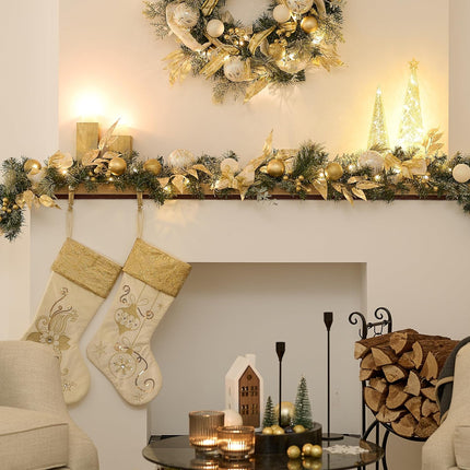 Valery Madelyn 6 feet Pre-Lit Christmas Garland with Lights for Mantle, Lighted Battery Operated Xmas Garland with White Gold Balls for Front Door Fireplace Table Centerpiece Outdoor Window Home Decor