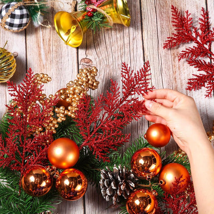 Hotop 100 Pcs Christmas Glitter Pine Needles 10.6 Inches Pine Stems Picks DIY Christmas Garland Wreath Decor Artificial Pine Branches for Xmas Winter Home Centerpieces Party Decoration (Red)