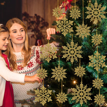 Plastic Christmas Glitter Snowflake Ornaments Christmas Tree Decorations, Gold Plastic Snowflake Ornaments for Winter Wonderland Christmas Party Decorations