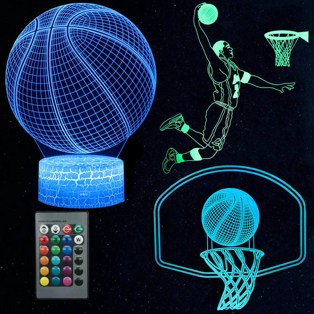 Basketball Night Light for Kids Bedroom, 3D Illusion Lamp, 3 Patterns 16 Colors Changing Dimmable Room Decor, Touch & Remote Control, Christmas Birthday Teenage Boy Girl Sports Fan