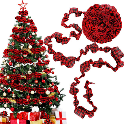 15 Yards Plaid Christmas Tree Garland Christmas Buffalo Plaid Ribbon Ruffled Homespun Fabric Garland Christmas Tree Ribbon Decorations for Christmas Home Wreath Staircase Tree Decor (Red and Black)