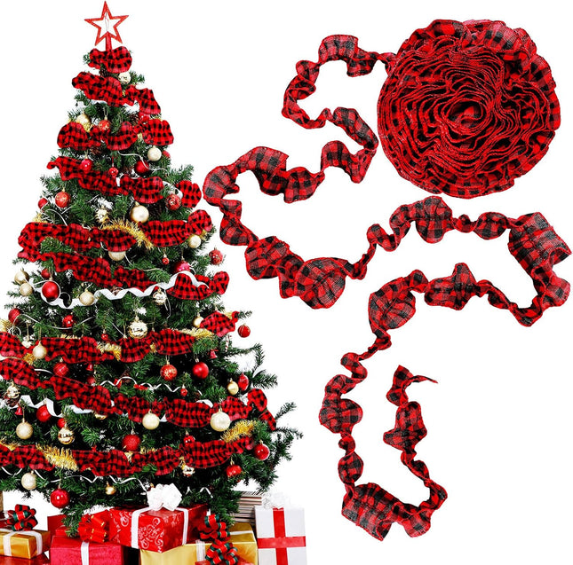 15 Yards Plaid Christmas Tree Garland Christmas Buffalo Plaid Ribbon Ruffled Homespun Fabric Garland Christmas Tree Ribbon Decorations for Christmas Home Wreath Staircase Tree Decor (Red and Black)