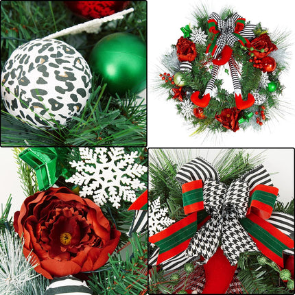 GAOMON 24 Inch Pre-lit Christmas Wreath for Front Door, Red Green Battery Operated Xmas Wreath with 20 LED Lights, Elf Legs Boot, Ball Ornaments, Flowers & Ribbon Bows for Home Holiday Decor