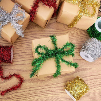 Tongcloud 4 Rolls Christmas Tinsel Ribbon Metallic Garland Tinsel Garland Christmas Metallic Tinsel Ribbon Glitter Tinsel Ribbon for Christmas (Gold, red, green, Silver, 19.6feetx0.7inches)