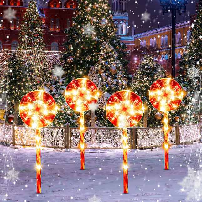 Set of 4 Lollipops Christmas Pathway Lights Outdoor 25" Candy Cane Peppermint Stake Light 80 LED Driveway Light with 8 Mode Waterproof Walkway Lights for Yard Patio Decor(Warm Light, Red and White)