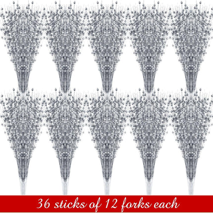 Geosar 30 Pcs Christmas Artificial Glitter Berry Stem Decorations Bead Sticks Pick 17 Inch Xmas Ornaments Glittery Twigs for Christmas Tree Halloween Wreath Vase Filler Home Decor(Silver)