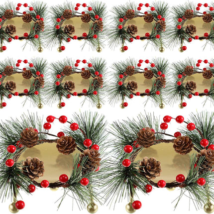 10 Set Christmas Candle Rings Wreaths Christmas Red Berries Candle Rings for Pillars with 10 Metal Candle Holders Small Christmas Wreath Decorations for Xmas Party Favors Wedding