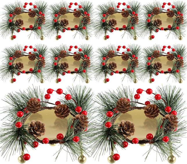 10 Set Christmas Candle Rings Wreaths Christmas Red Berries Candle Rings for Pillars with 10 Metal Candle Holders Small Christmas Wreath Decorations for Xmas Party Favors Wedding