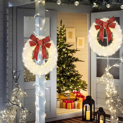 ATDAWN 2 Pcs Mini Christmas Wreath, 13 Inch Outdoor Lighted Christmas Wreath for Front Door, Xmas Wreath for Christmas Home Wall Door Decoration (White)