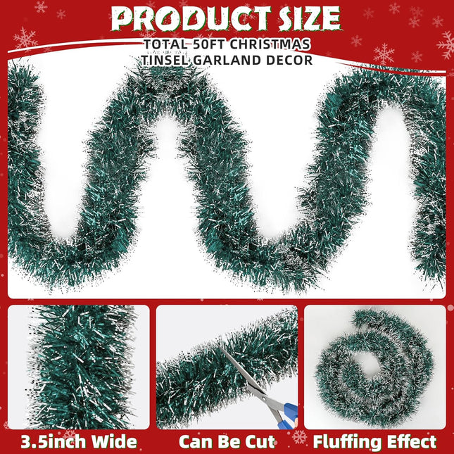 50FT Green Christmas Tinsel Garland Xmas Tree Garland Decorations Metallic Tinsel Glitter Twist Garland Hanging Streamers for Indoor Outdoor Decor Holiday Party Supplies(Green&White)