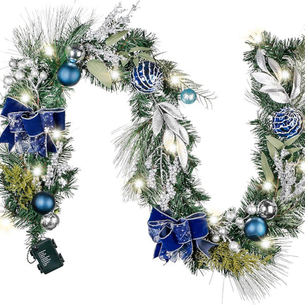 Valery Madelyn 6 feet Pre-Lit Christmas Garland with Lights for Mantle, Lighted Battery Operated Xmas Garland with Silver Blue Balls Ribbons for Front Door Fireplace Table Centerpiece Outdoor Decor