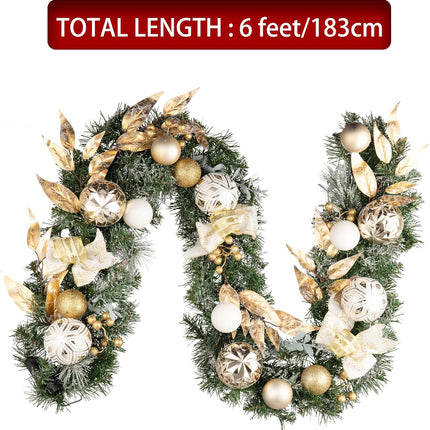 Valery Madelyn 6 feet Pre-Lit Christmas Garland with Lights for Mantle, Lighted Battery Operated Xmas Garland with White Gold Balls for Front Door Fireplace Table Centerpiece Outdoor Window Home Decor