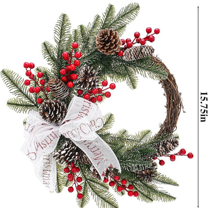 Cedar Christmas Wreaths with Red Berry - 15 Inch Winter Norfolk Pine Wreath with Bow, Pine Cones, Grapevine for Xmas Holiday Home Front Door Indoor Wall Decorations