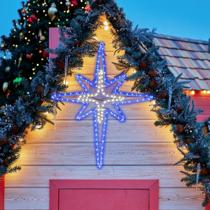 Christmas Star of Bethlehem LED Star Hanging Lights Nativity Holy Family Light for Door Window Porch Wall Decoration Plug Operated Lighted Star Hanging Tree Topper(Blue, Light Yellow,28")