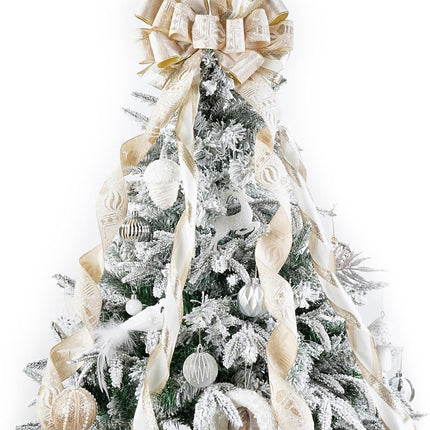 Ivory and Champagne Gold Christmas Tree Topper Bows 13 x 53 Inch Large Christmas Bows with Streamer and Bauble Patterns Decorative Bows for Xmas Tree Wreaths Door Staircase Home Decor